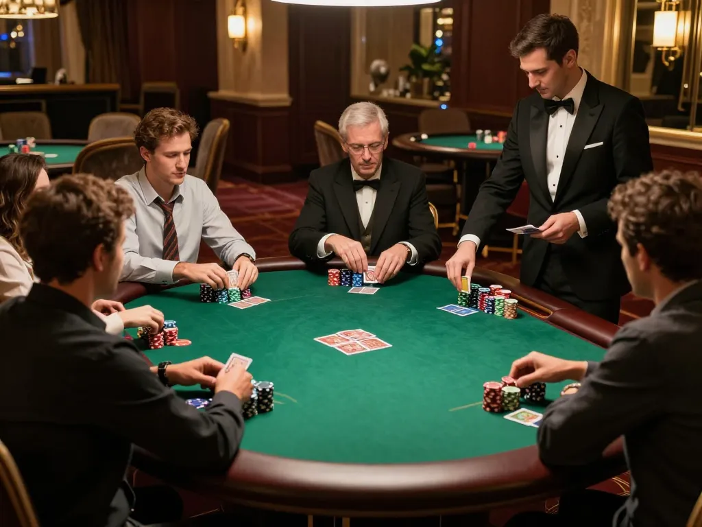 Luck8 players strategizing in a luxurious poker room, showcasing high-stakes action and excitement.