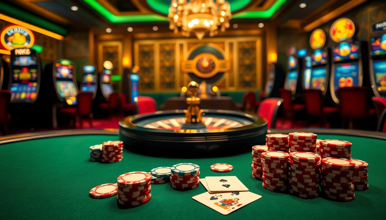Engaging scene of NK88 casino with poker chips, cards, and a roulette wheel.