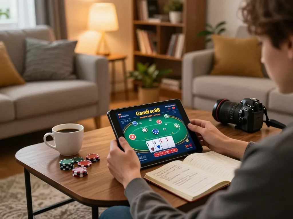 Engaging moment of online gambling with Game sc88 displayed on tablet, cozy atmosphere in home setting.
