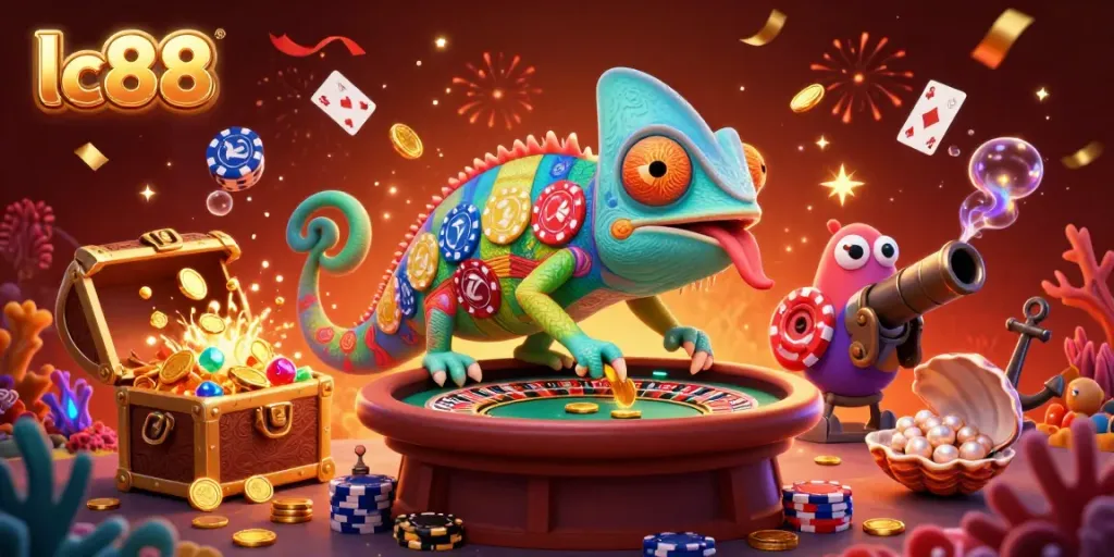 Experience exciting gameplay at lc88 with dynamic casino elements, featuring colorful chameleon and treasure-filled underwater scene.