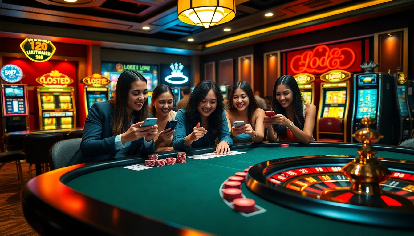 Players strategizing at Lode 88 online casino with vibrant slot machines and poker tables.