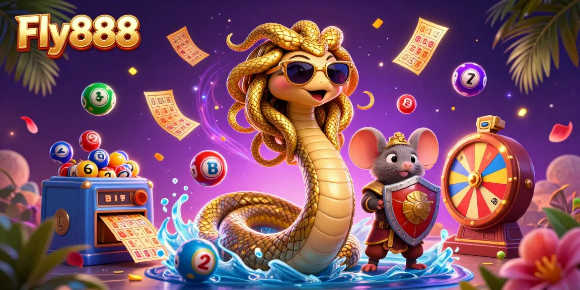Engage in exciting lottery gameplay with Fly888's vibrant, dynamic 3D casino illustration featuring characters and colorful elements.