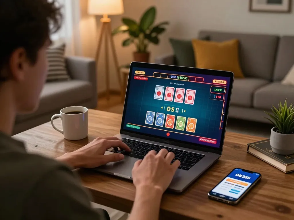 Engaging online casino gaming experience at https://ok365.best/ with a player focused on a live dealer table interface in a cozy setting.