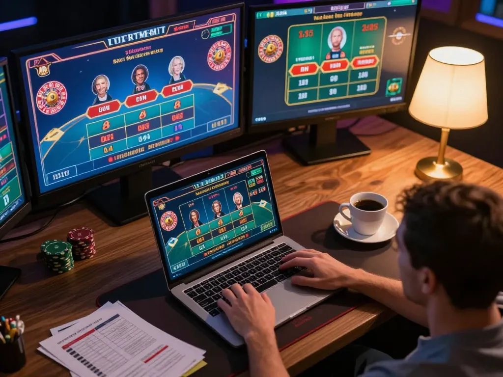 Player engaged in online gambling on alo8, showcasing live dealer games on laptop with winning strategies.