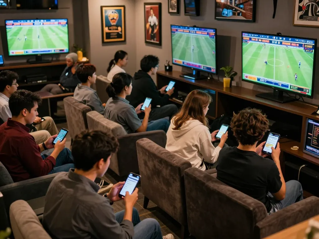 Fans engaged in thrilling kqbd sports betting, captivated by live matches on multiple screens in a lively lounge atmosphere.