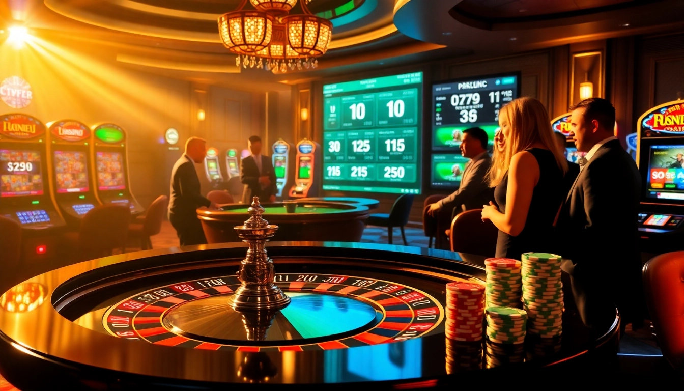 Experience excitement at https://nk88nk.com/ with a vibrant roulette table surrounded by eager gamblers.