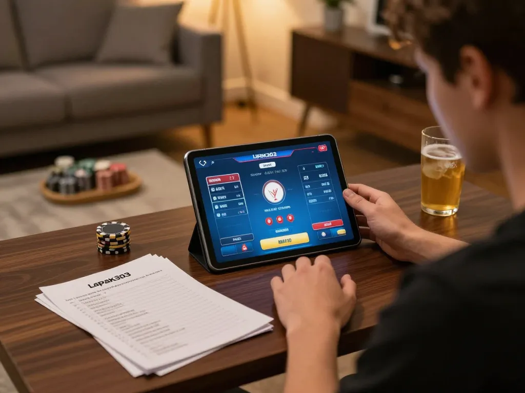 Engaging in poker gameplay on lapak303 while strategizing with betting notes in a cozy home setting.
