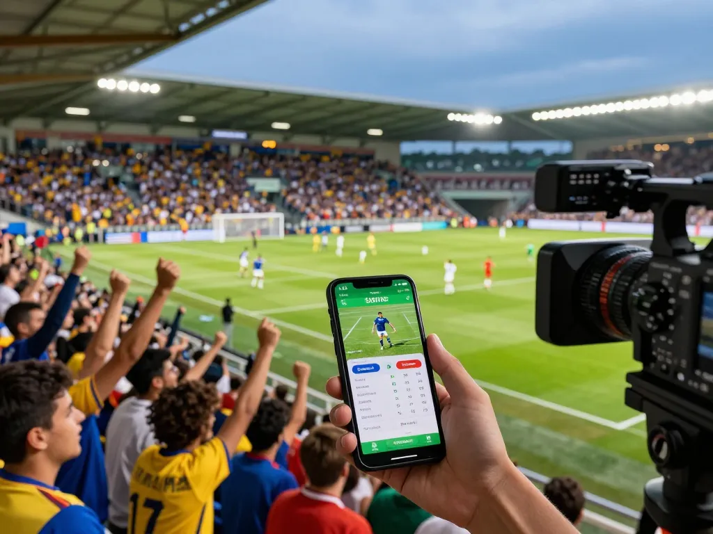 Soccerbetting excitement captured as fans cheer during a live match with betting app in hand