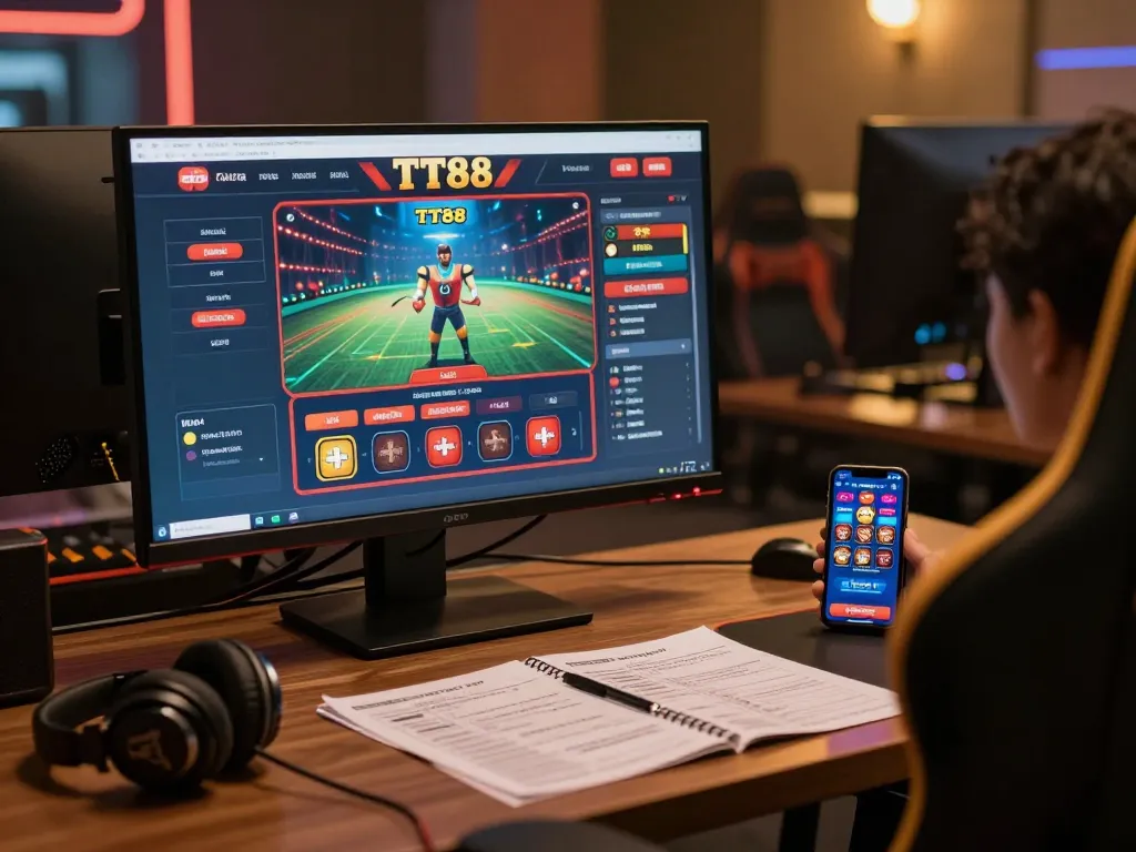 Engaged gamer at their TT88 online casino setup enjoying an immersive gambling experience.