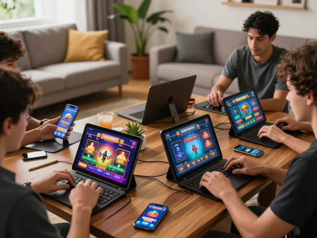 Players immersed in LLWIN online casino gaming on digital devices showcasing vibrant interfaces.