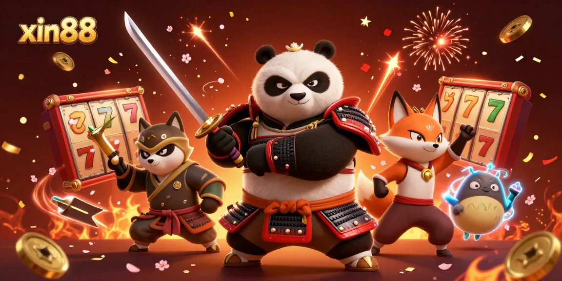Win big at xin88 with a dynamic casino scene featuring samurai panda, ninja fox, and exciting slot reels.