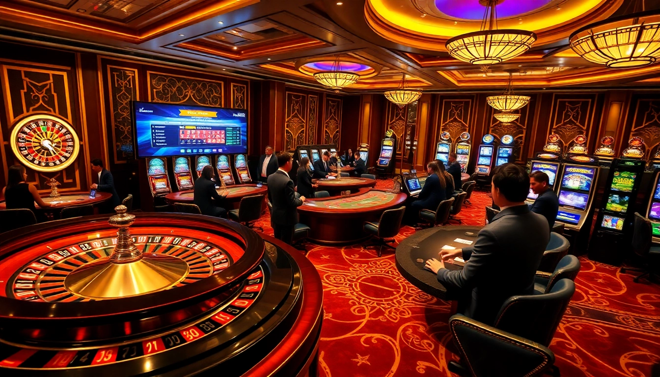 Experience high-stakes action at MM88 casino, featuring roulette wheels and vibrant slot machines.