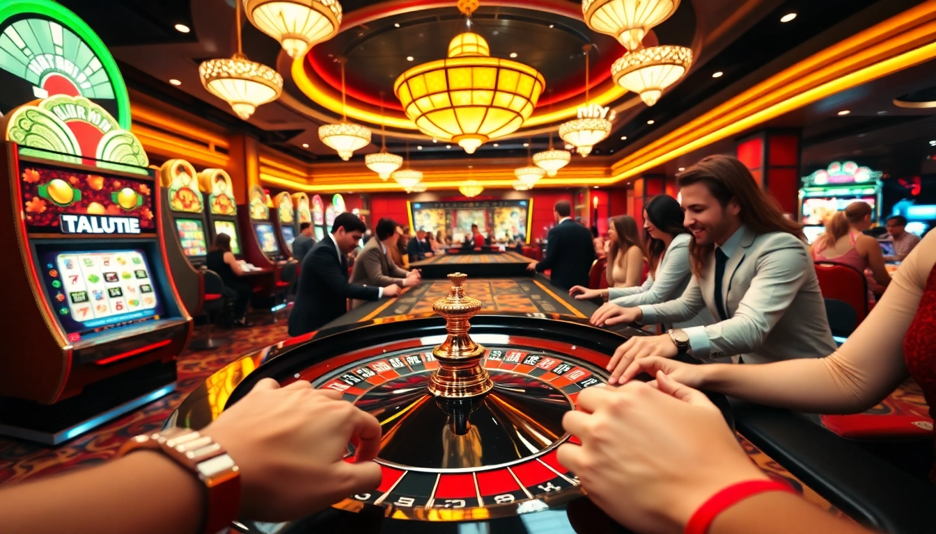 Experience the excitement of LuckyWin at a vibrant casino table filled with players, chips, and roulette.