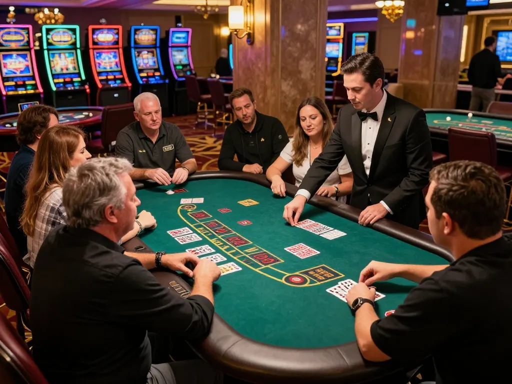 The excitement at https://du88.autos/ with players engaged in a thrilling blackjack game, showcasing dealer actions and vibrant casino atmosphere.