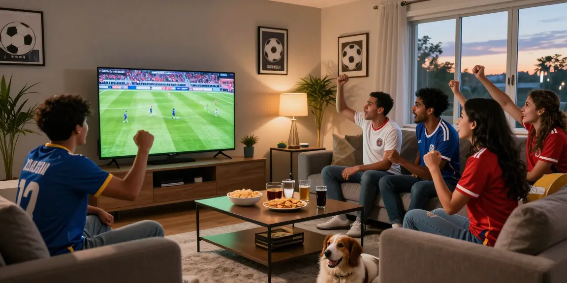 Cakhia TV xem bóng đá live football match atmosphere in a cozy living room with excited fans.