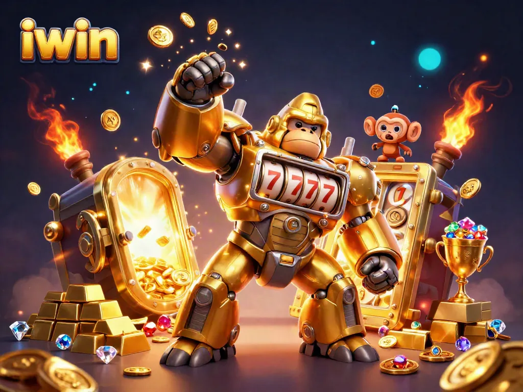 iwin invites players to experience thrilling casino adventures with 3D golden gorilla mech and treasure elements