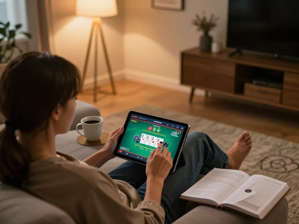 CK444 gaming scene showcasing an individual enjoying online poker on a cozy sofa, emphasizing strategic gameplay.