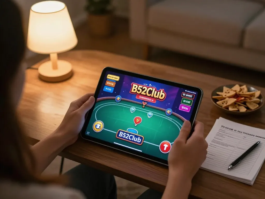 B52Club player strategizing poker game on tablet in cozy home setting.