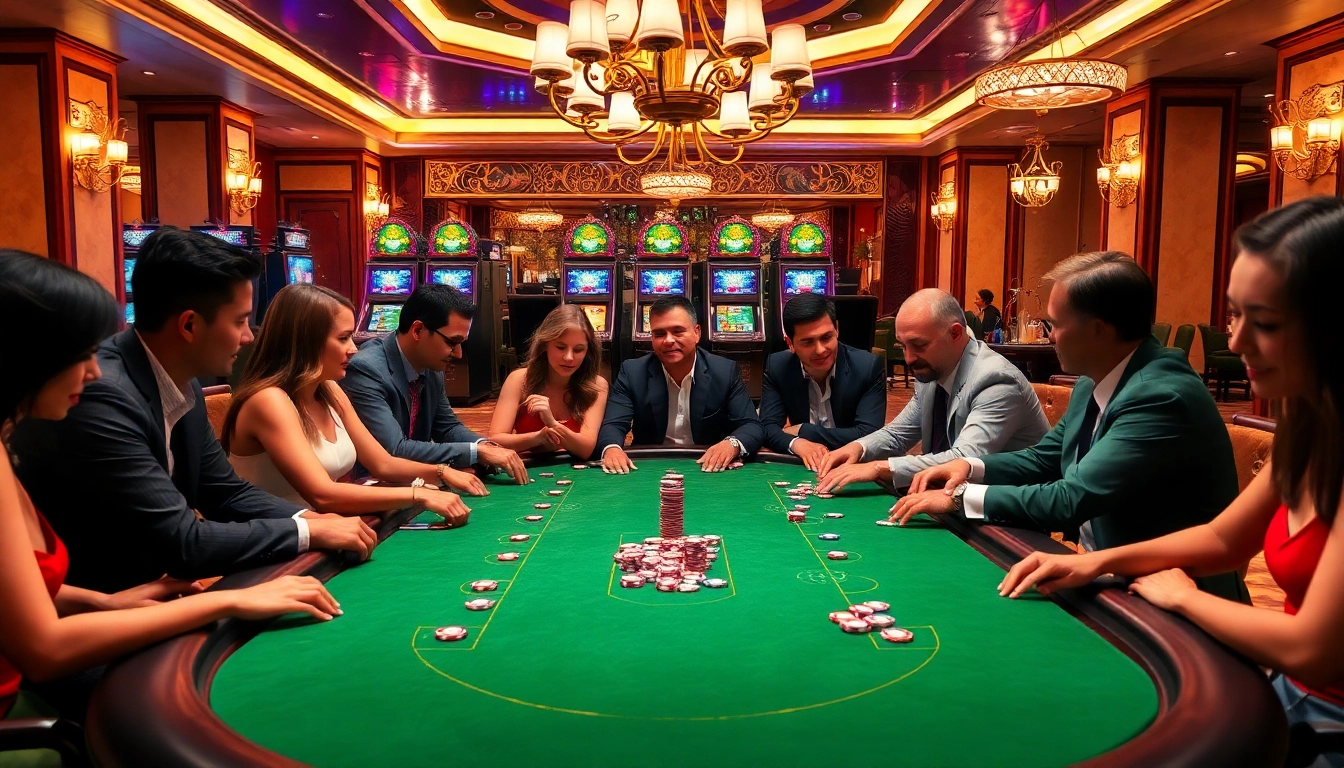 Players excitedly compete at the poker table at https://thabet1.net/ during an intense casino game.