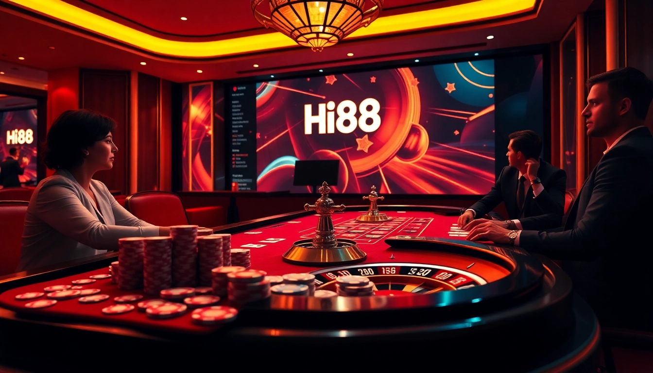 Experience thrilling gameplay at Hi88 casino tables with lively poker action and vibrant chips.