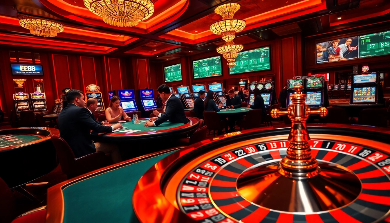 Players enjoying a thrilling poker game at EE88 casino, showcasing excitement and luxury.