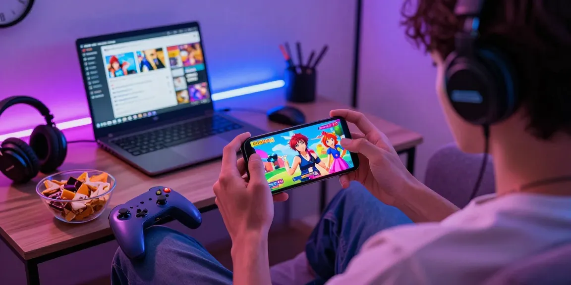 Exciting gameplay of free ecchi games on a mobile device in a cozy gaming environment.