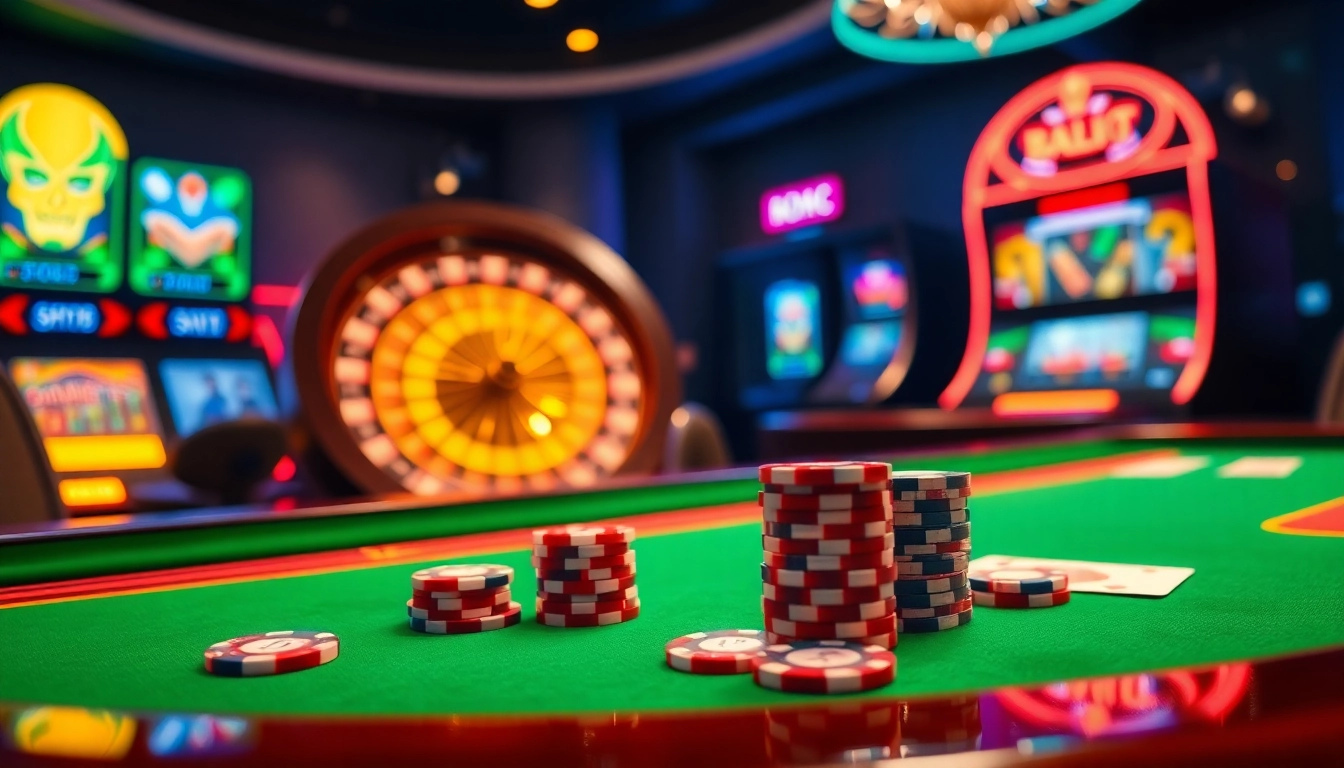 Experience the excitement of Casino trực tuyến with vibrant casino tables and poker chips.