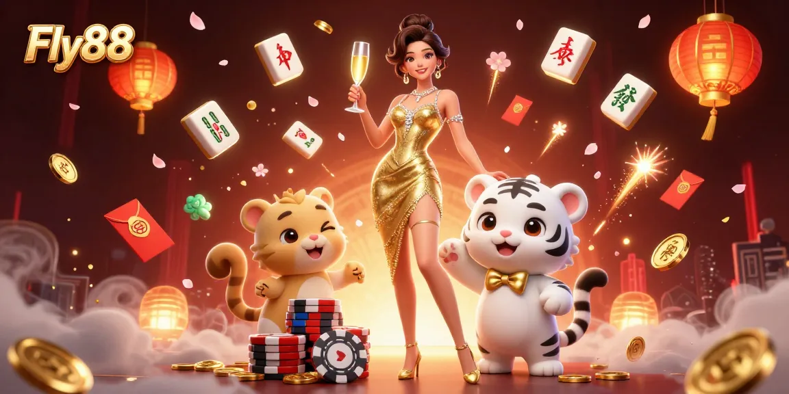 Experience the thrill of playing at Fly88 with vibrant casino elements in a dynamic scene.