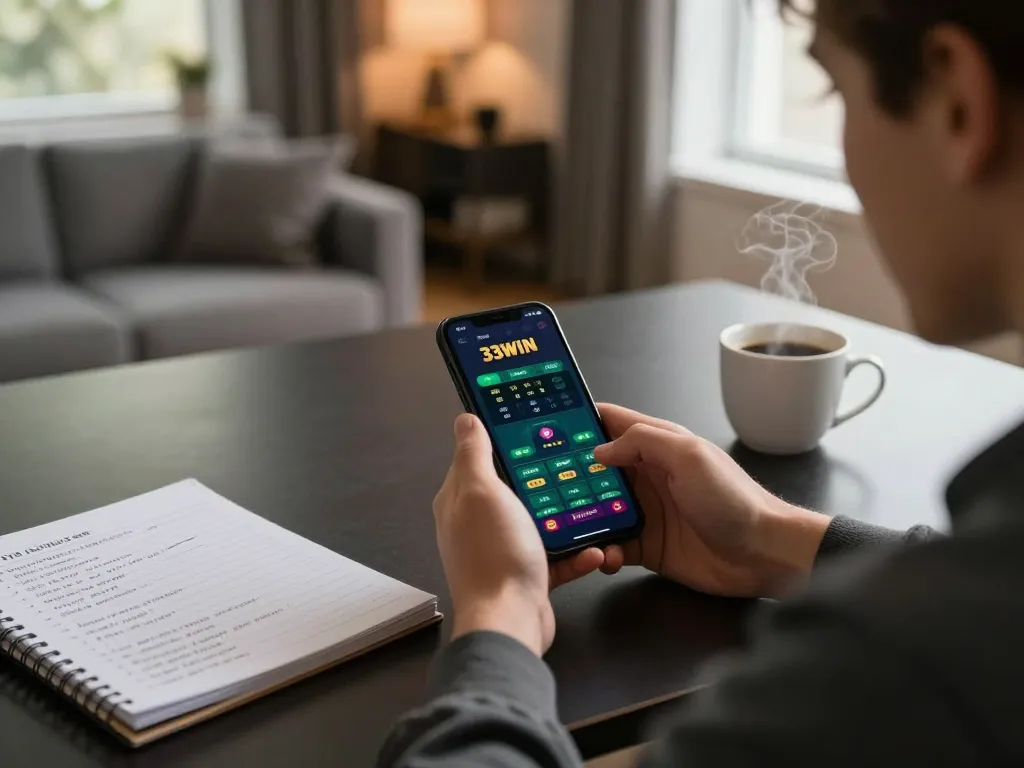 Engaging smartphone display of the 33WIN app during a cozy online betting session.