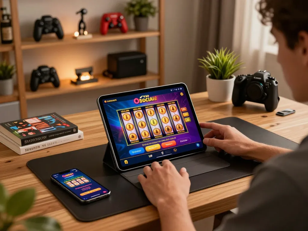 Engaged player using O8 Social app on tablet to enjoy an online casino game at home.