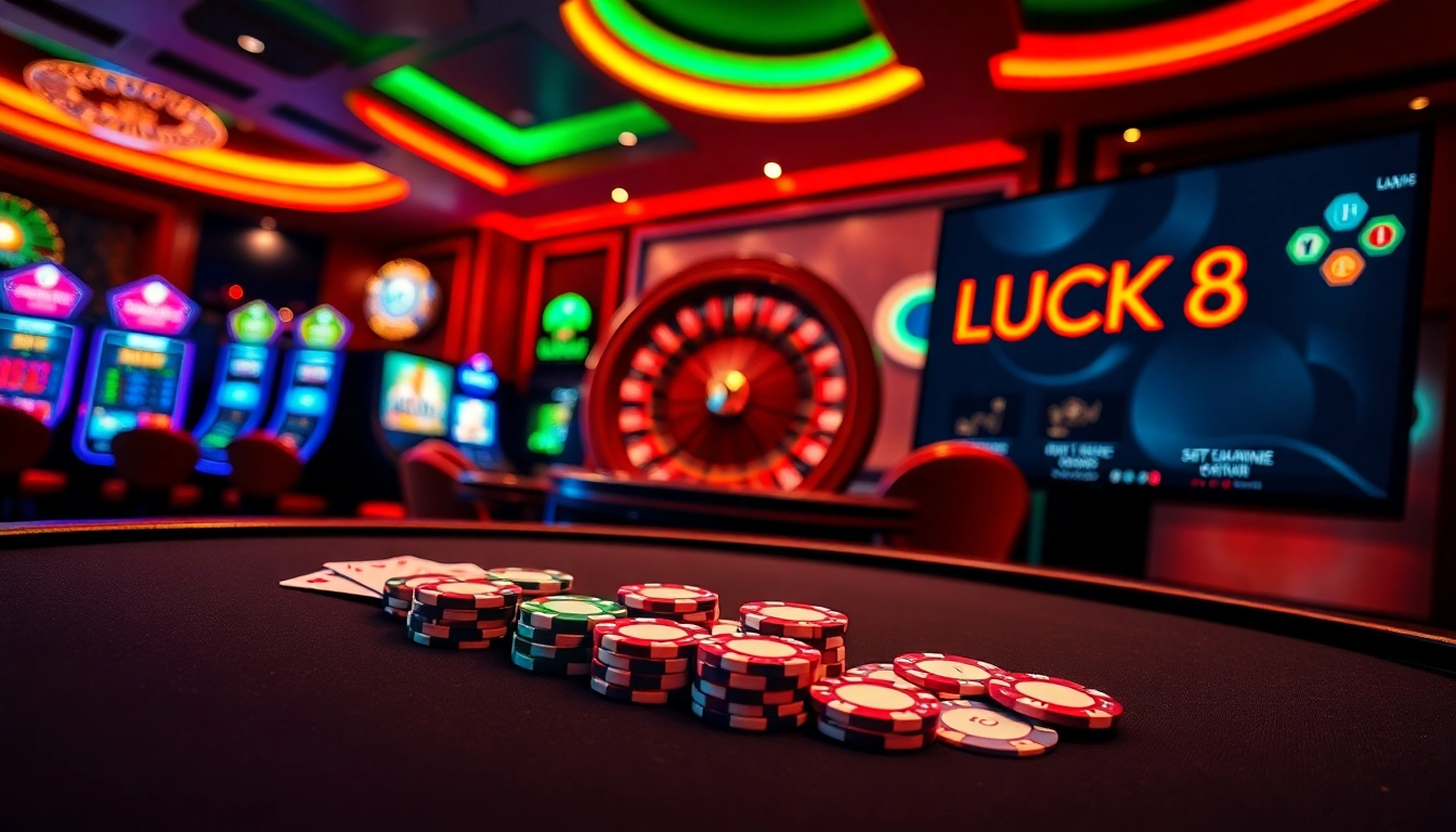Winning at LUCK8 in an exciting casino setting filled with poker, roulette, and slots.