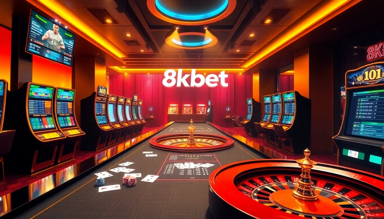 Experience thrilling wins at 8kbet with vibrant casino visuals featuring roulette and slot machines.