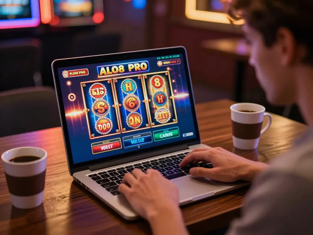 Player strategizing with ALO8 PRO on laptop, vibrant slot graphics create engaging online casino experience.