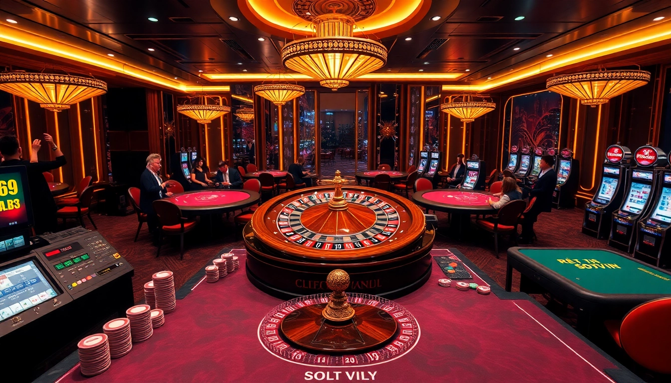 Rút tiền 69VN process showcased amid a vibrant casino environment with players and roulette.