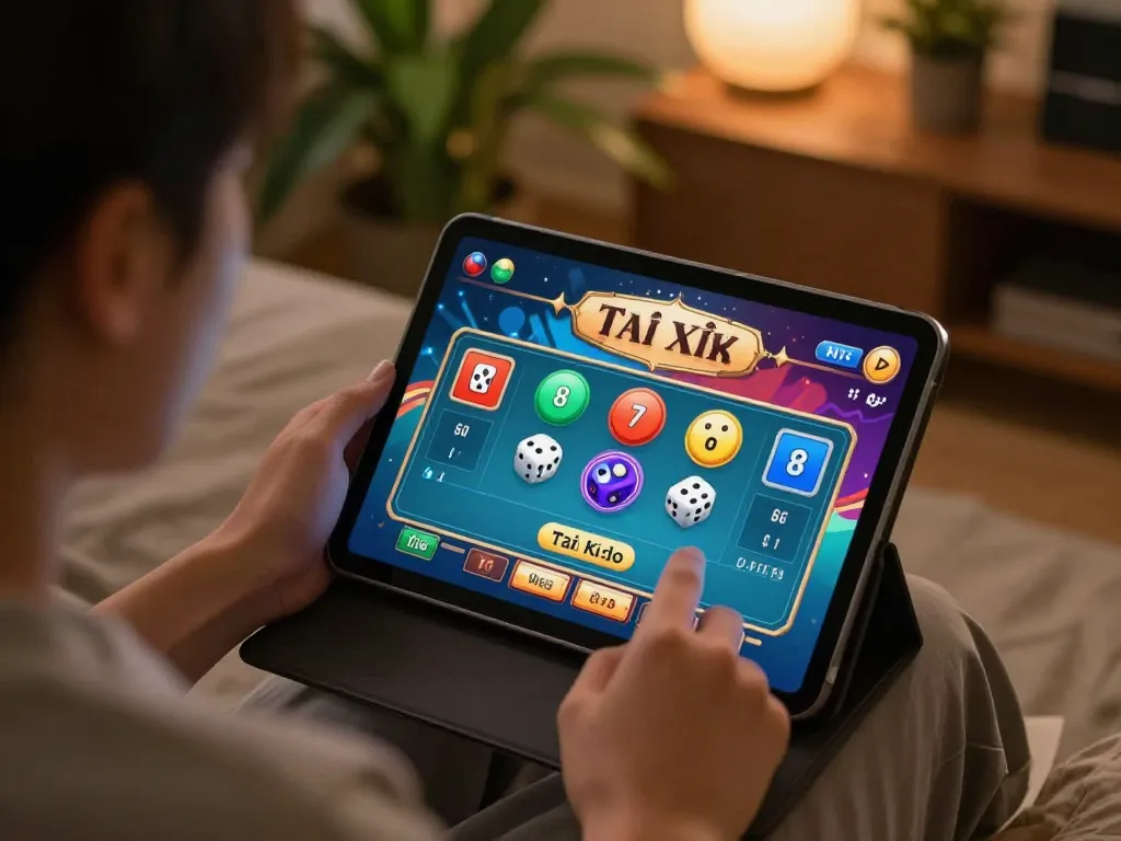 Engaged player making strategic Tài Xỉu bets on a tablet in a cozy home setting.