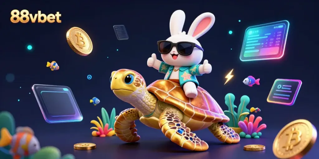 Experience winning excitement at 88vbet with a vibrant 3D casino scene featuring a lucky rabbit and a golden turtle.
