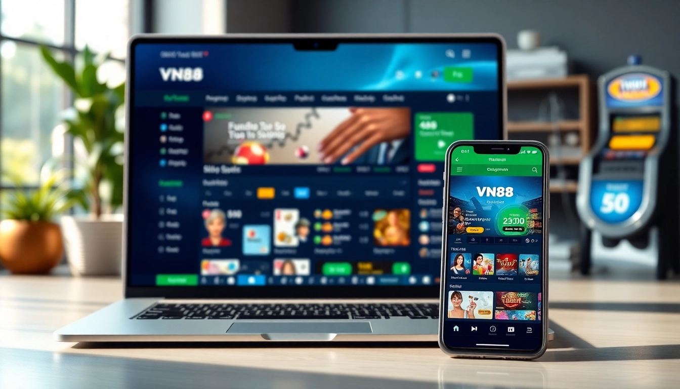 VN88 chính thức online betting platform displayed on a laptop and smartphone, showcasing diverse gaming options.