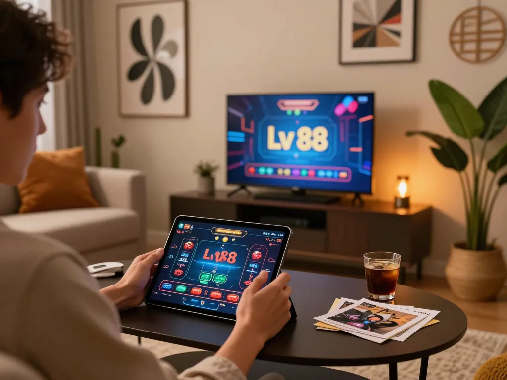 Engaging with the Lv 88 casino app in a cozy living room gaming setup.