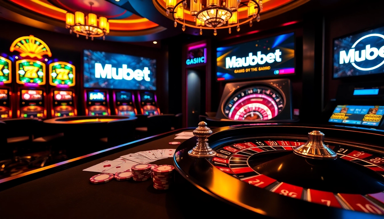 Mubet casino table setup featuring poker chips and roulette wheel under luxurious lighting.