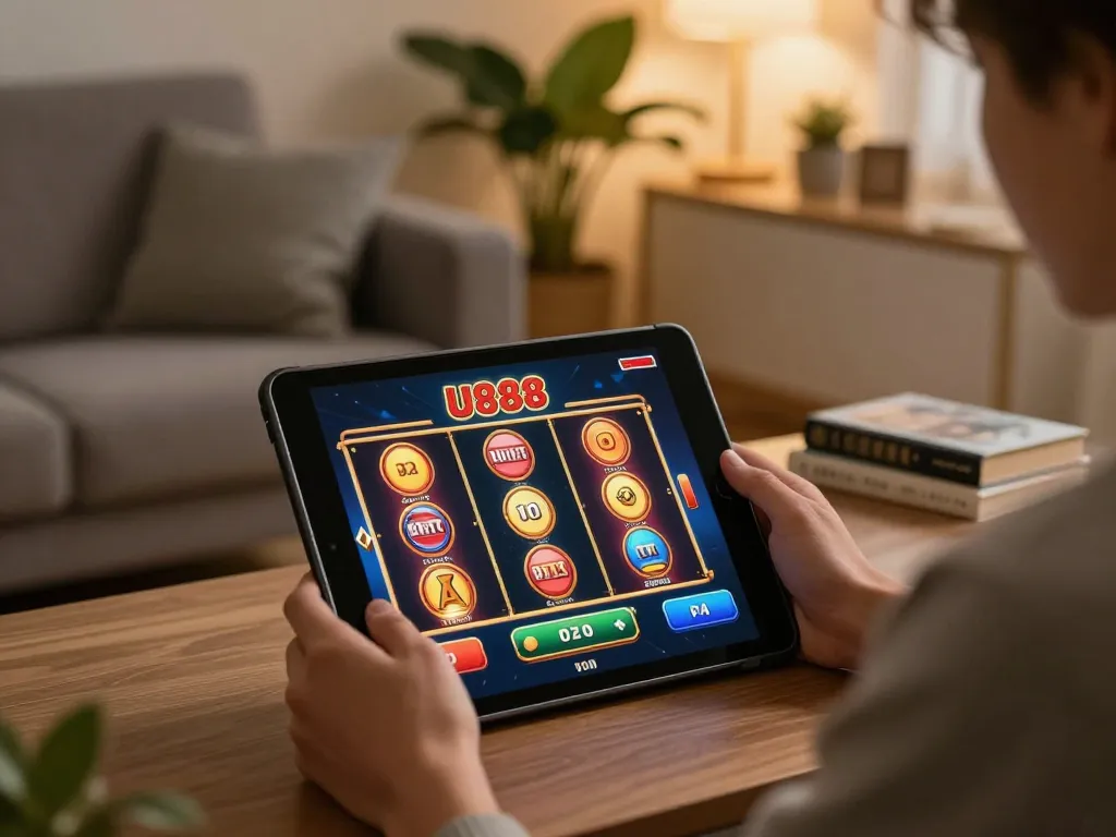 Engaging in a thrilling online slot game on U888 in a cozy living room setting.