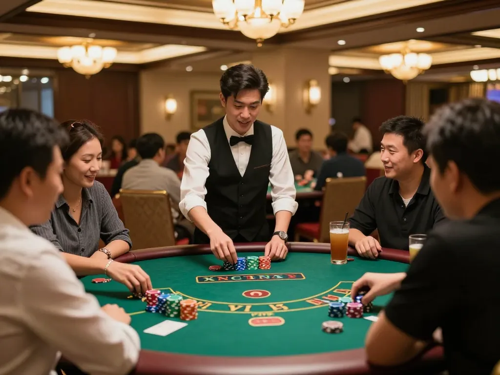 Xóc đĩa game in action at a vibrant casino, players strategizing while engaging with chips and dealer.