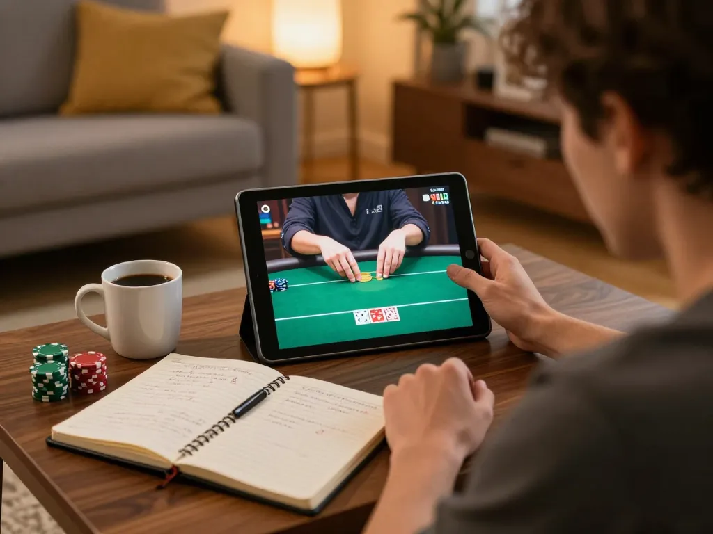 SX88 user engaged in a poker game at home, showcasing a tablet interface and strategic notes.