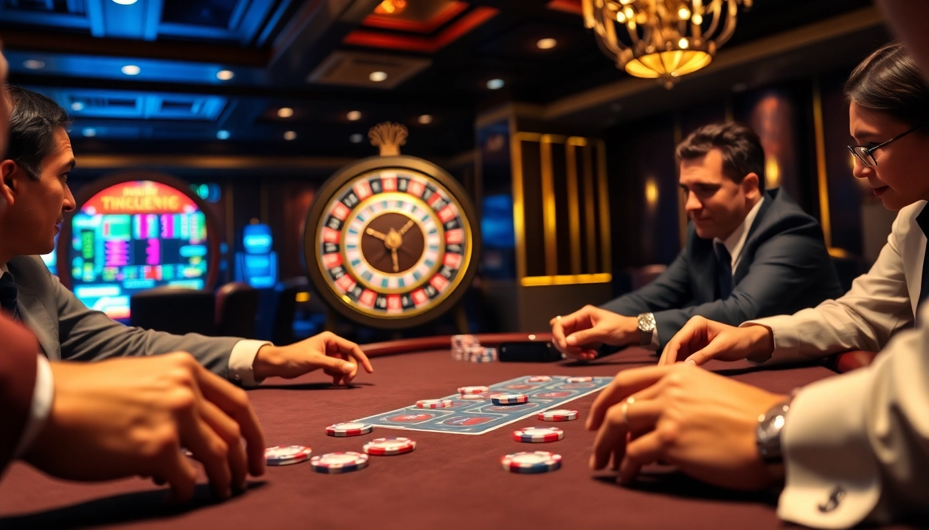Engaged players at a luxurious TV88 poker table in a vibrant casino atmosphere.