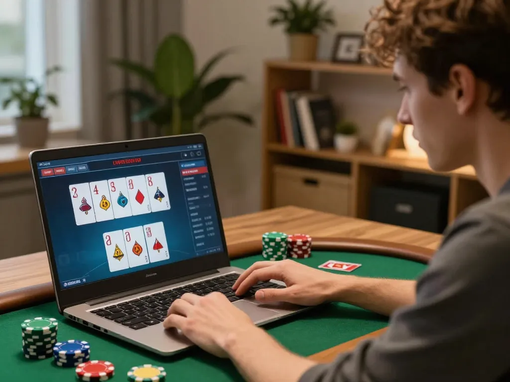 Player strategizing in HIT CLUB online poker game at home, laptop screen showing card hands and chips stacked.