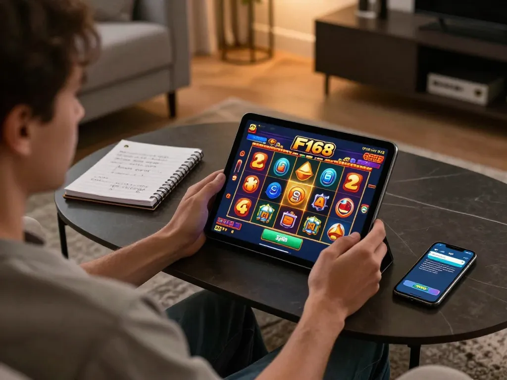 Engaging in F168 online casino gameplay on a tablet in a cozy living room setting.