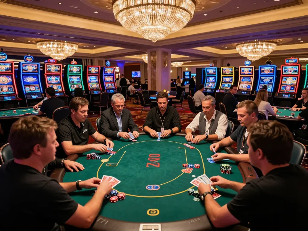 Players engaging in poker at the MM88 casino floor, showcasing strategic gameplay and a vibrant atmosphere.