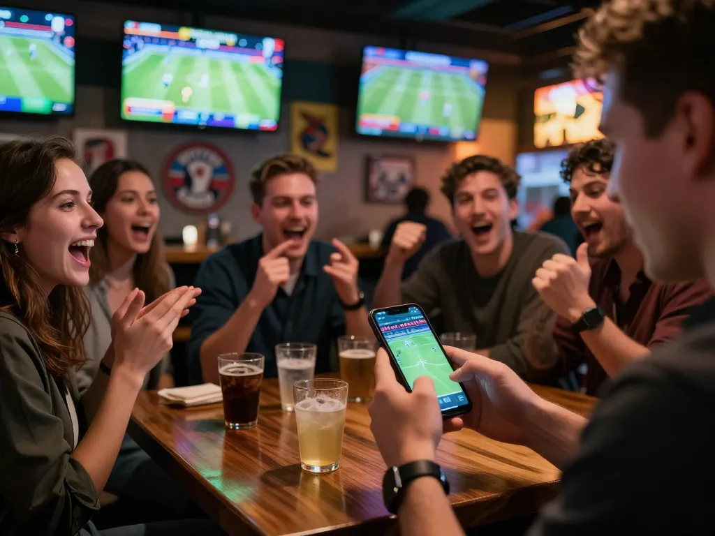 Engaged in live sports betting on smartphone, kqbd platform showcasing real-time updates amidst lively sports bar environment