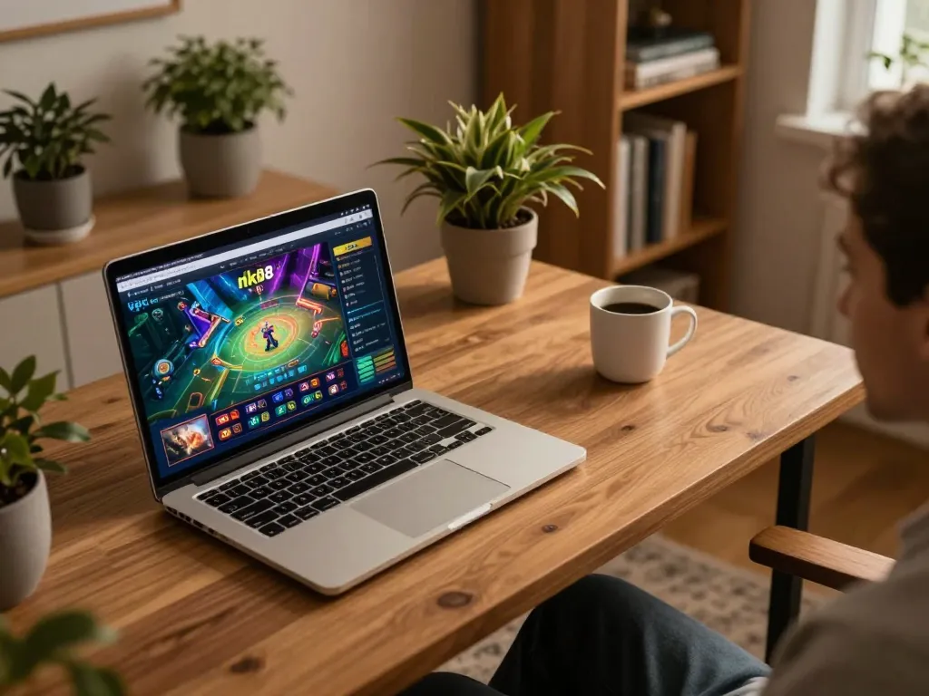 Engage with nk88 online casino gaming at home with a cozy setup and vibrant visuals.