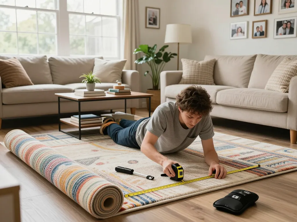 Installing carpet fitting services West London with a family member in a warm living room.
