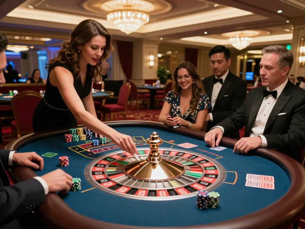 A thrilling roulette game experience at a luxurious casino featuring 92slot players engaged in high-stakes betting